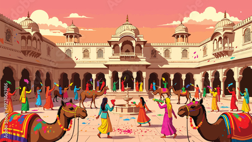 People celebrating holi festival in india, a vibrant scene with traditional indian architecture and people throwing colorful powders and water