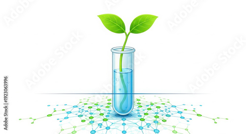 Wallpaper Mural A green plant sprout growing in a test tube with blue liquid and molecular structures on a white bac Torontodigital.ca