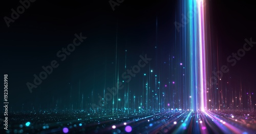Wallpaper Mural abstract digital background with colorful lines and dots, data flow concept, black color theme, dark blue, light green, pink, white, blue glowing line on the right side of the screen Generative AI Torontodigital.ca