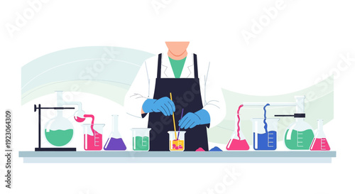 Scientist Mixing Chemicals in Laboratory Beakers with Scientific Equipment