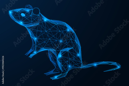 The digital data rat. The concept of digital analytics, cybersecurity, and covert activity in a technological environment. Polygonal design, blue background.
