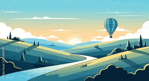 Hot Air Balloon Flying Over Landscape.