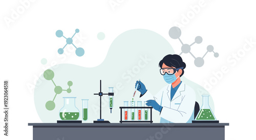 Scientist Performing Laboratory Experiment with Molecules and Test Tubes