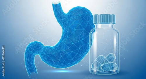 Wallpaper Mural a blue stomach with a wireframe design next to a bottle of pills on a blue background with a white c Torontodigital.ca