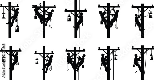 Black silhouette collection of electrical utility poles, transformers, power line workers, and industrial grid infrastructure isolated on white for energy design.