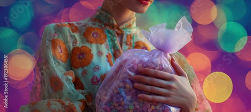 Wallpaper Mural Shy woman with glowing sweets floating above translucent gift bag Torontodigital.ca