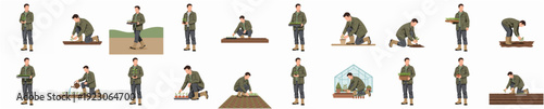 Flat Cartoon Gardener Character In Different Poses Working in The Garden Illustration