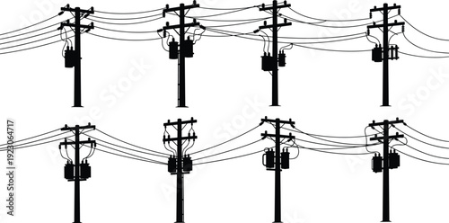 Black silhouette of electric utility poles with transformers and high voltage power lines isolated on white background for industrial design.