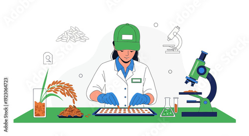 Scientist Researching Rice Grains in Laboratory with Microscope