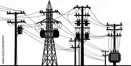 Black Vector Silhouettes of Electrical Power Infrastructure Utility Poles Transmission Towers Transformers Surveillance Security Cameras Traffic Lights and Urban Street Lamps