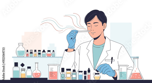 Scientist Smelling Perfume Ingredient in Laboratory