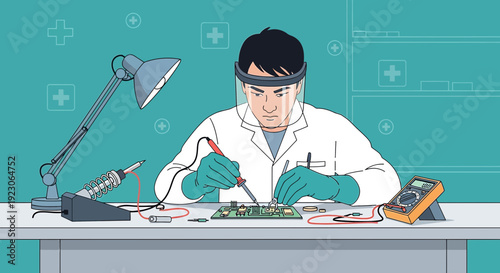 Scientist Soldering Circuit Board with Microscope and Multimeter - Medical Technology