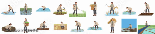 Realistic Detailed Various Pose Farmer Activity Agriculture Rice Field Illustration