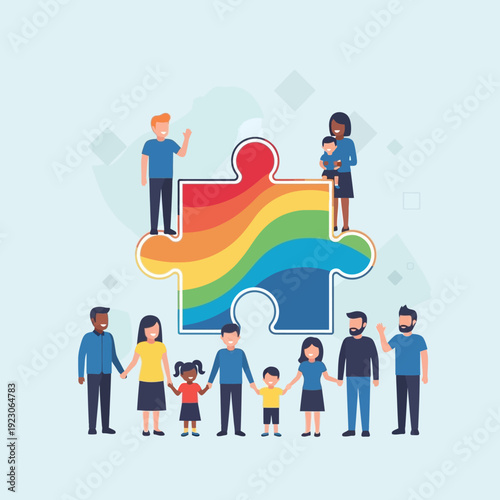Diverse group of people standing together around a rainbow puzzle piece