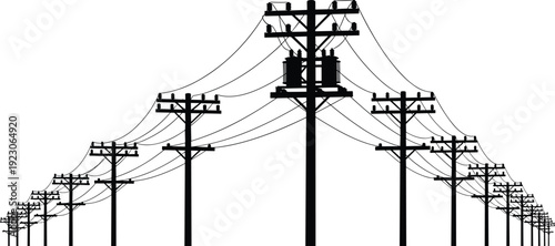 Black Silhouette of Electric Power Transmission Lines and Utility Poles with Transformers Against a White Background for Industrial Infrastructure Design Projects