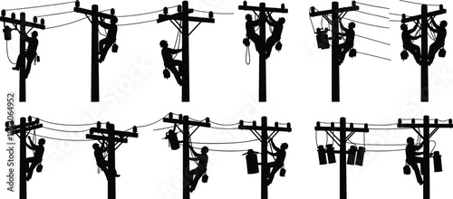 Silhouette and line art of electrical utility poles, high voltage transmission towers, transformers, and linemen performing industrial grid maintenance services,