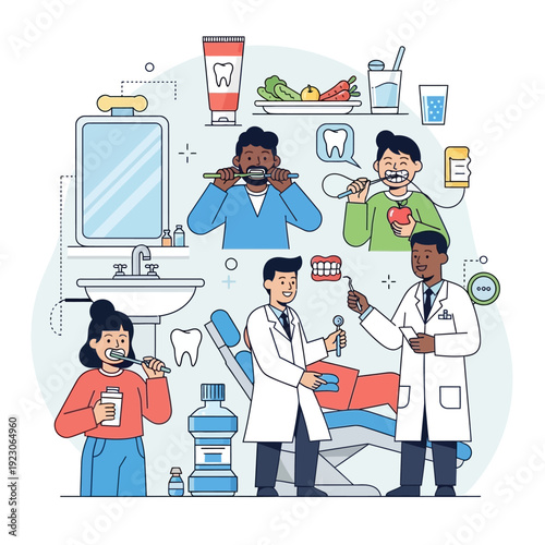 Dentists and patients interacting in a modern dental clinic environment view