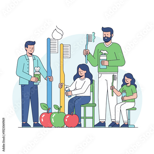 Family brushing teeth together with toothbrushes and apples nearby indoors