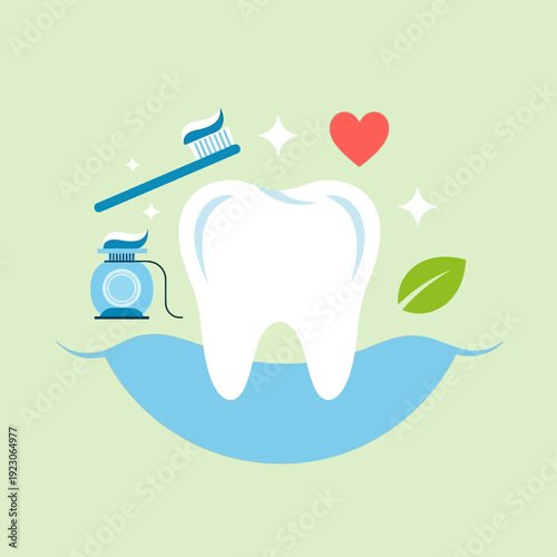 Dental care illustration featuring tooth, toothbrush, and health symbols neatly arranged
