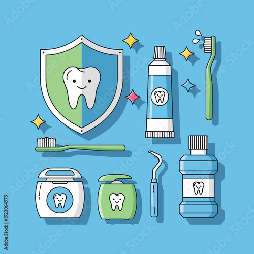 Dental care items shield tooth protection hygiene routine on blue background illustration