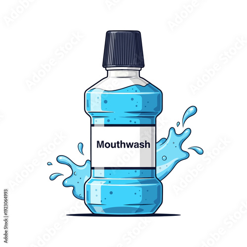 Mouthwash bottle splashing liquid in an advertisement illustration style