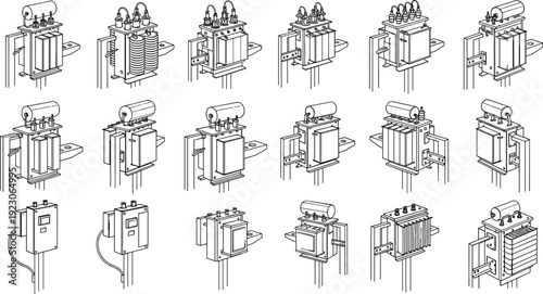 Silhouette and line art of electrical utility poles, high voltage transmission towers, transformers, street lights, and linemen performing grid maintenance,