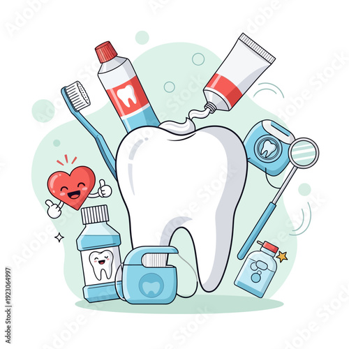 Dental Care Essentials Surrounding a Large Tooth in a Clean Setting
