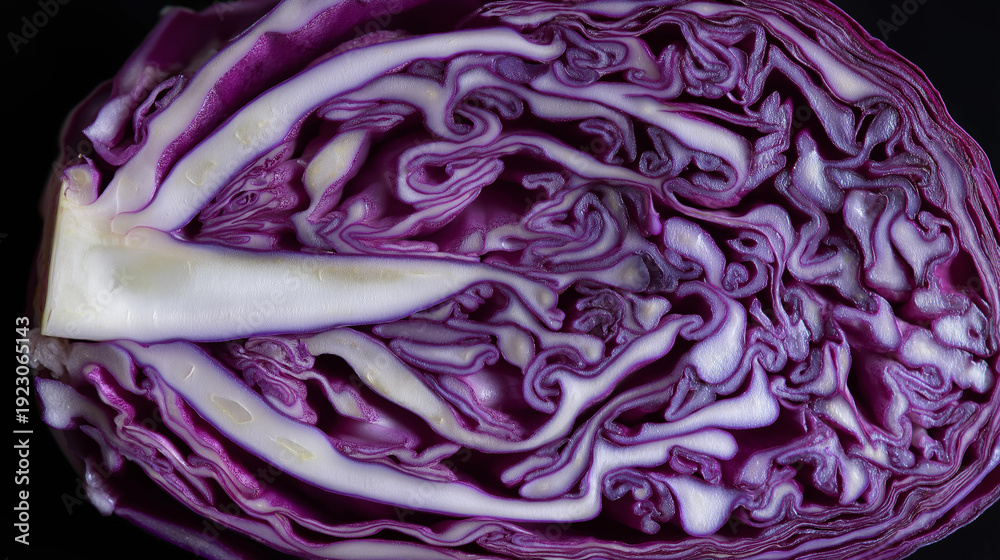Obraz premium Red cabbage cross section texture macro showing intricate purple and white leaf pattern background, vegetable detail, natural patterns, with copy space