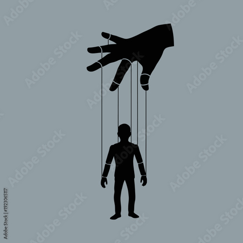Hand controlling person with marionette strings from above viewpoint illustration
