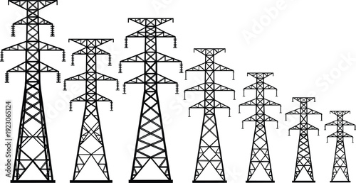 Silhouette and line art of electrical utility poles, high voltage transmission towers, transformers, street lights, and linemen performing grid maintenance,