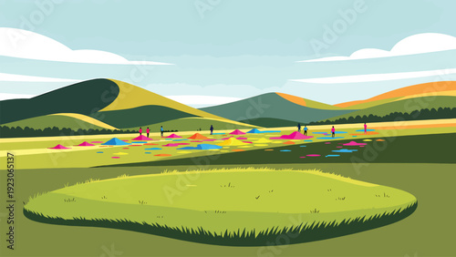 Abstract landscape with rolling hills and scattered piles of vibrant holi colors in expansive field