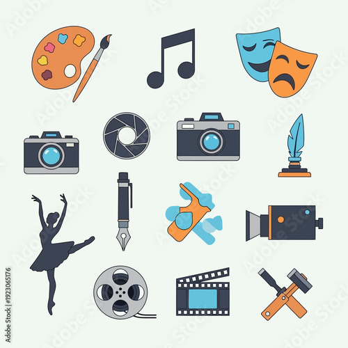 Artist's creative tools and symbols for various forms of art expression displayed