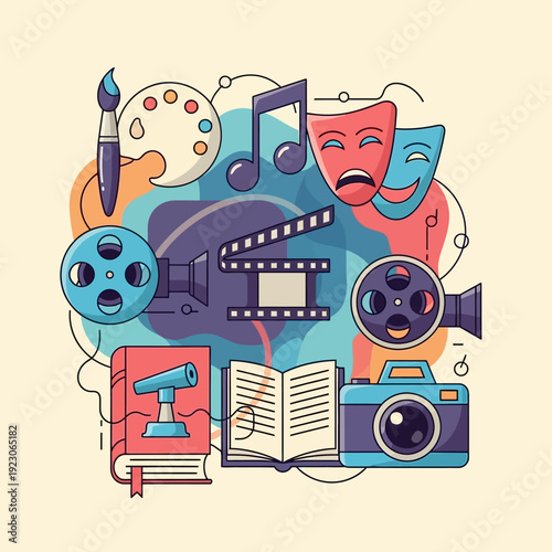 Creative arts and entertainment elements collage on transparent background viewed