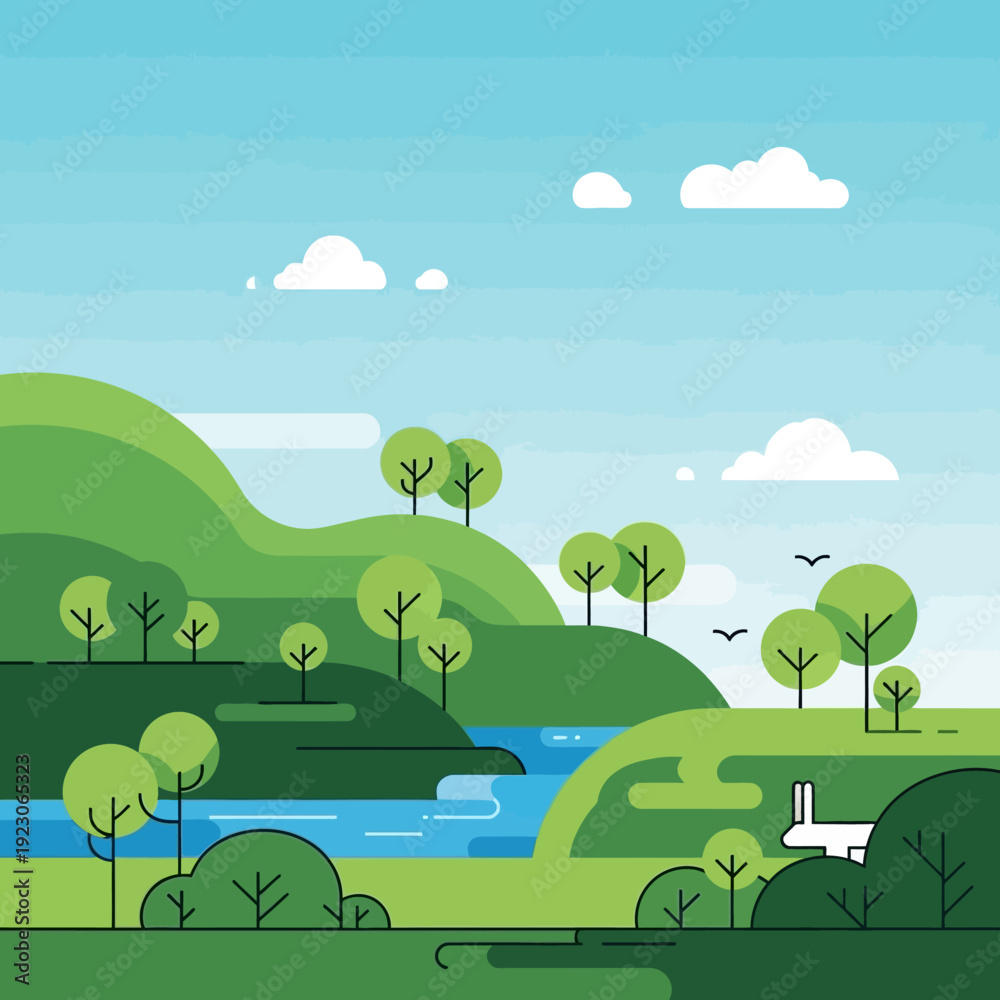 Obraz premium Serene landscape with trees and river flowing through green hills from aerial view