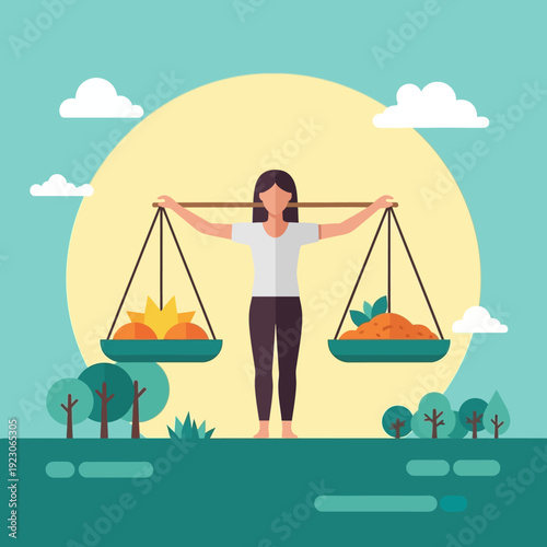 Woman balances harvest on scales in a serene outdoor landscape view