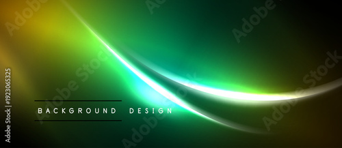 Abstract background features vibrant green, gold hues. Smooth curves create dynamic visual flow. Modern design elements present sleek aesthetic.