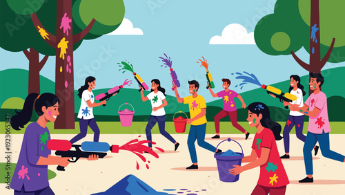 Children joyfully playing holi festival with color water guns and buckets in park with trees