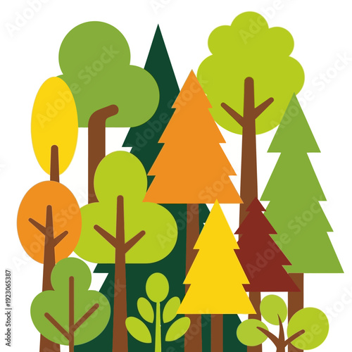 Colorful forest illustration with trees and plants in a natural scene view