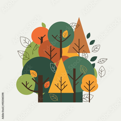 Illustration of trees and mountains in forest landscape view from afar scene