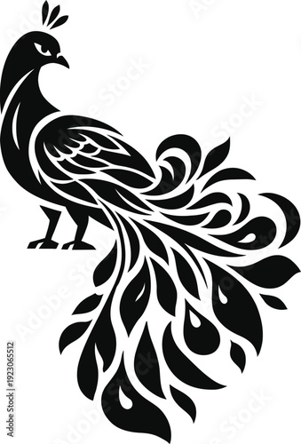 Modern peacock silhouette vector logo in minimal black style. Clean and elegant bird design suitable for beauty brands, fashion logos