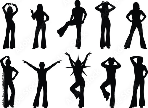Retro 1970s disco dance silhouettes set, vintage party people dancing in bell bottom pants, funky music nightlife vector illustration collection
