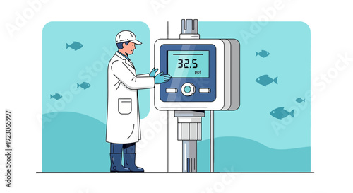 Aquaculture Scientist Monitors Water Quality with Digital Device near Fish Tank