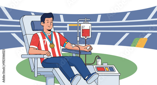 Athlete donating blood in stadium, medical procedure, health concept