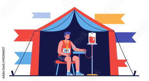 Athlete Receiving IV Drip After Marathon Race at Medical Tent