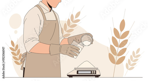 Baker Measuring Flour on Scale, Wheat Stalks, Bakery Production