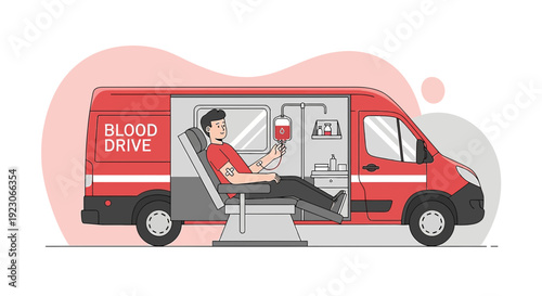 Blood Donation Mobile Unit: Man Donating Blood in Red Van