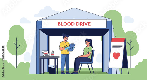Blood Donation Event: Nurse Assists Donor at Outdoor Tent