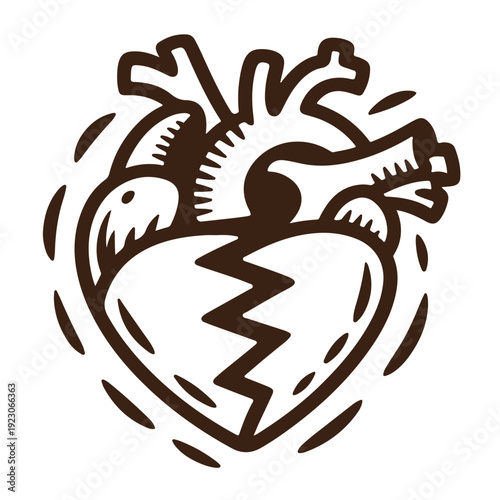 Anatomical broken heart vector illustration with arteries and veins showing separation and emotional distress isolated on transparent background for cardiology or relationship concepts