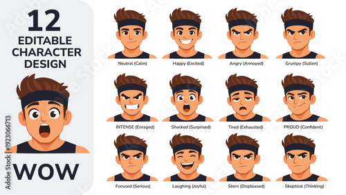 12 Editable Cartoon Male Fitness Mascot Facial Expressions - Character Design Sheet for Gym Avatars, Workout Apps & Branding - Emotions Pack