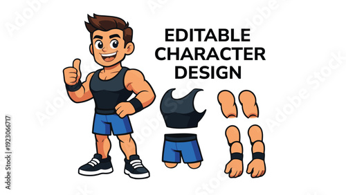 Editable Muscular Male Fitness Character Design Kit - Cartoon Bodybuilder Mascot with Customizable Parts for Gym Branding & Avatars